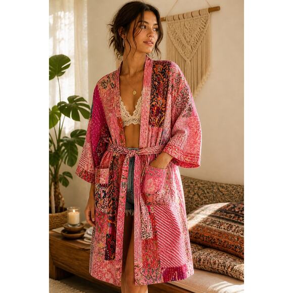 Unbranded Other - Pink 100% Cotton Kantha Quilted Robe Patchwork Kimono Boho Belted One Size